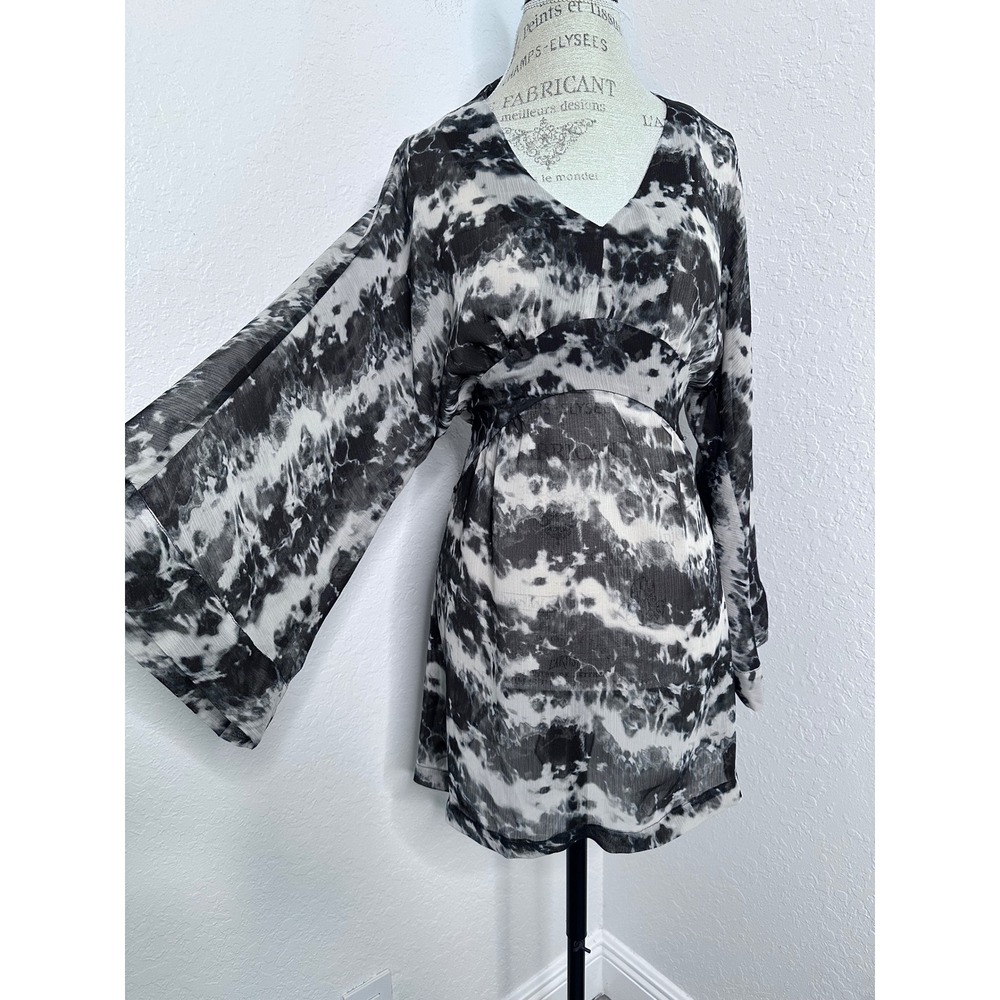 Alberto Makali Black White Tie Dye V-Neck Mini Dress Sheer Gathered Waist - Picture 3 of 9